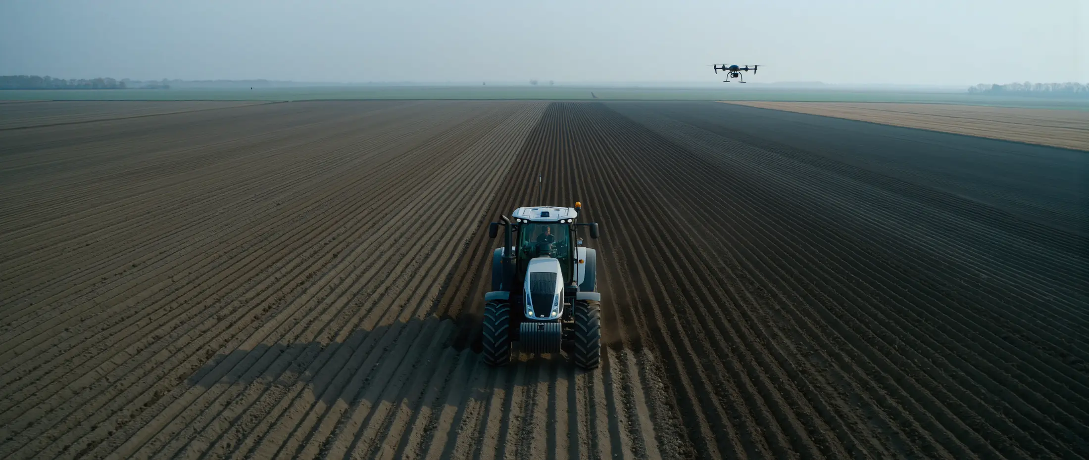 Smart tractor plowing a field in parallel lines with a surveying drone