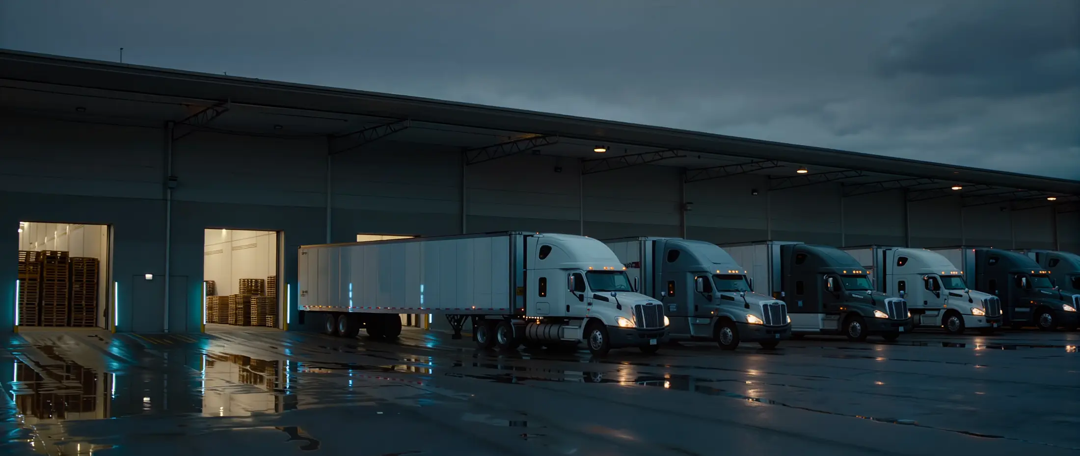 Logistics hub at dusk with semi trucks at the loading docks