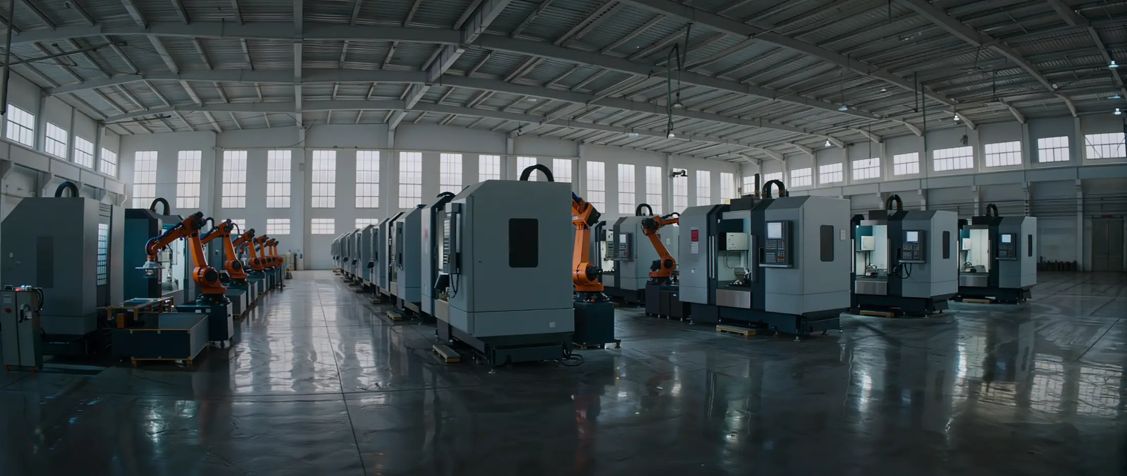 Modern manufacturing plant with CNC machining centers and robotic arms