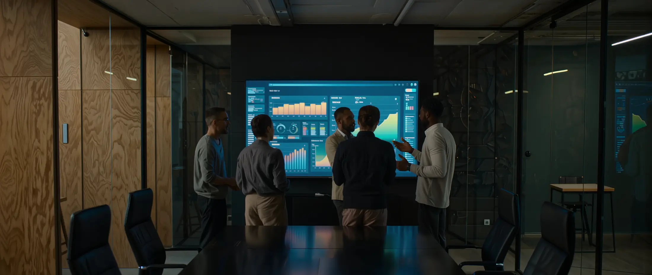 Agency team collaborating in front of an analytics dashboard