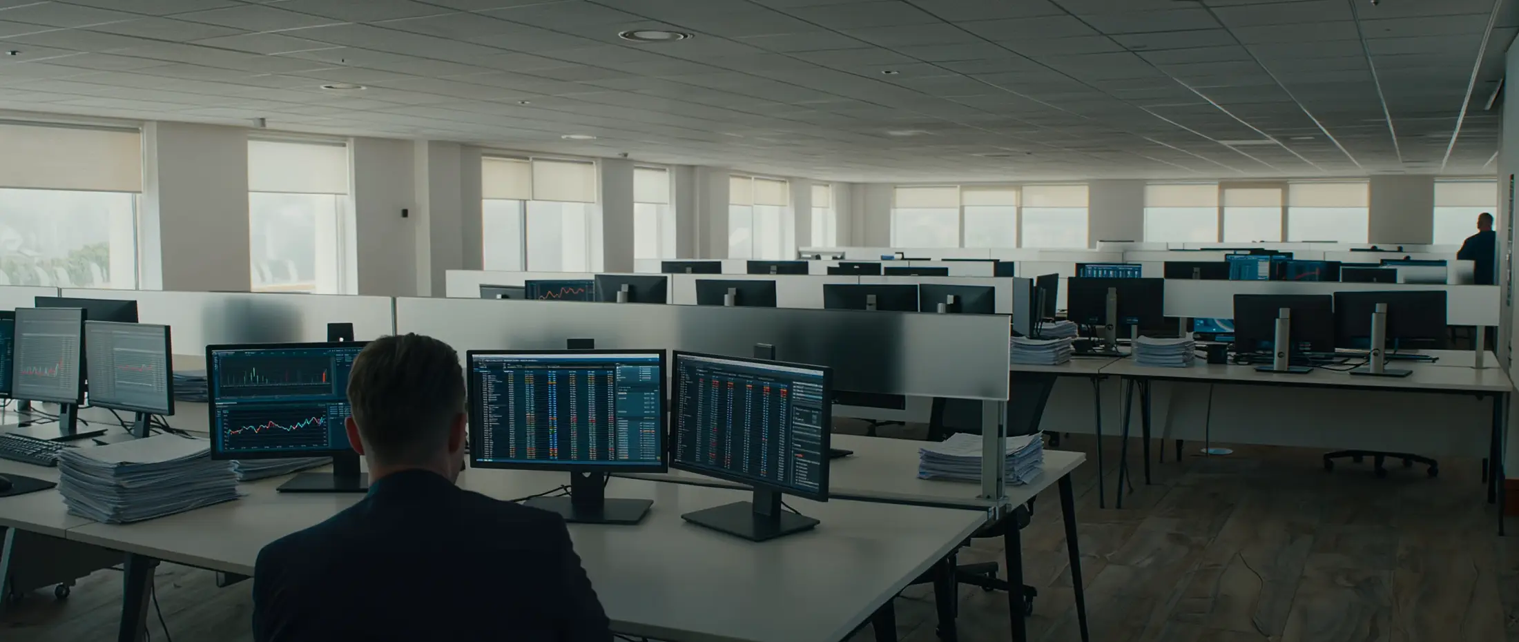 Professional services office with monitors showing financial dashboards