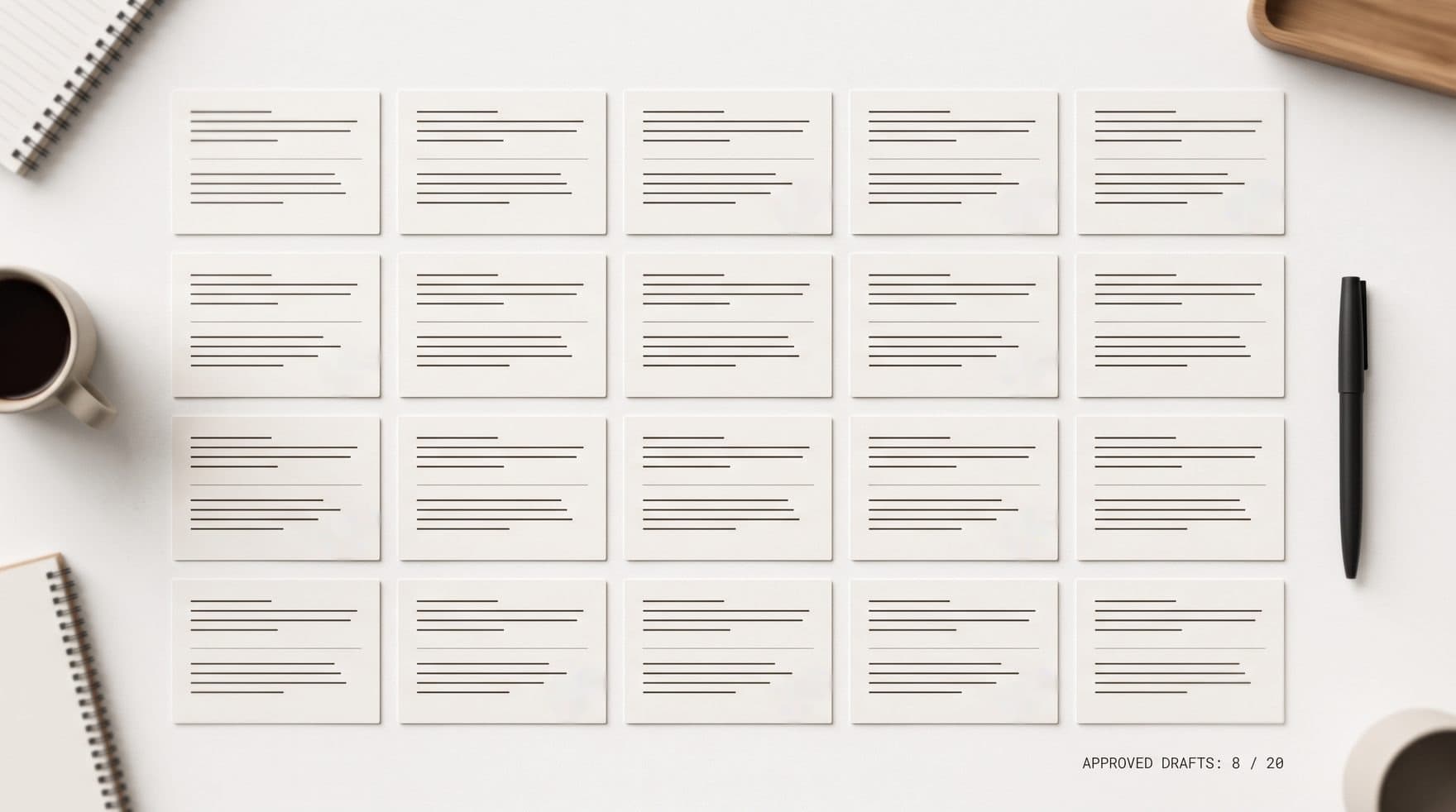 Twenty response drafts laid out on a desk, eight already approved with a blue checkmark; below them, the label reads “APPROVED DRAFTS: 8 / 20.”