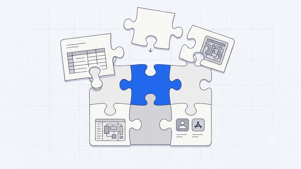 Animation of puzzle pieces — a spreadsheet, a workflow, a planning board and a user profile — locking together around a central blue piece: custom software assembled from the company's own modules.