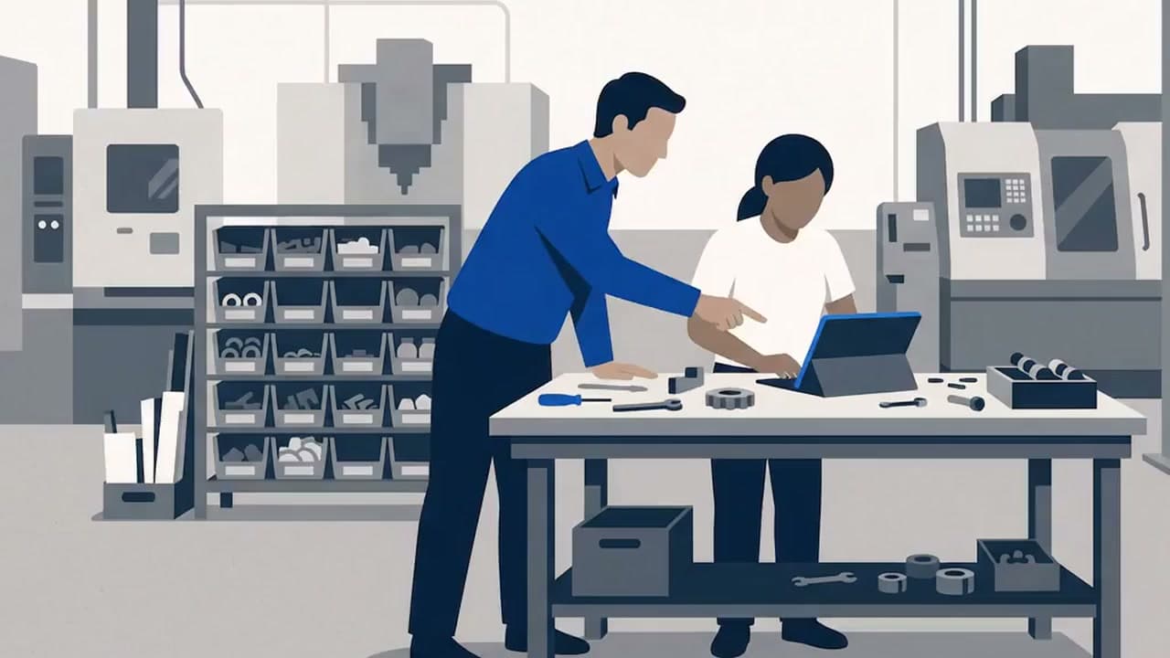 Two people working side by side on a laptop, sitting at a desk on a production floor among machinery and shelving.