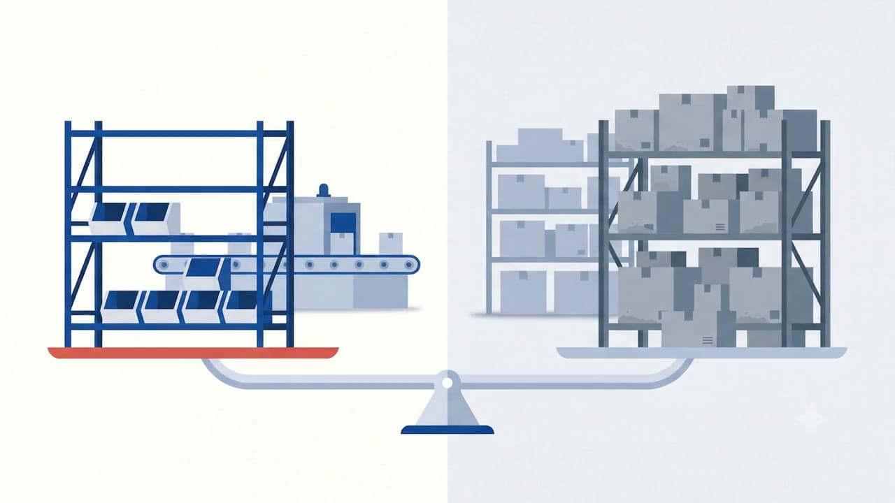 A balance-scale illustration in brand tones: on one side, a lean shelving unit with kanban bins on a conveyor; on the other, a shelf stacked with boxes that haven't moved in months.
