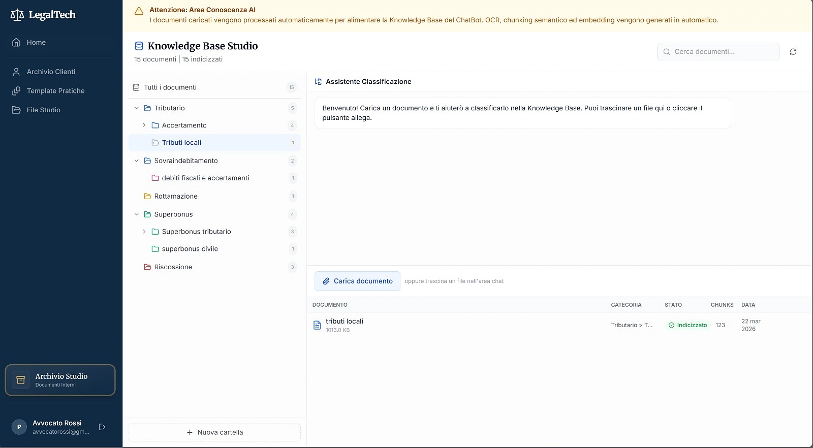 AG studio: the firm's knowledge tree — documents organized by area (tax, over-indebtedness, Superbonus, collection) with OCR, semantic chunking and embeddings generated automatically.