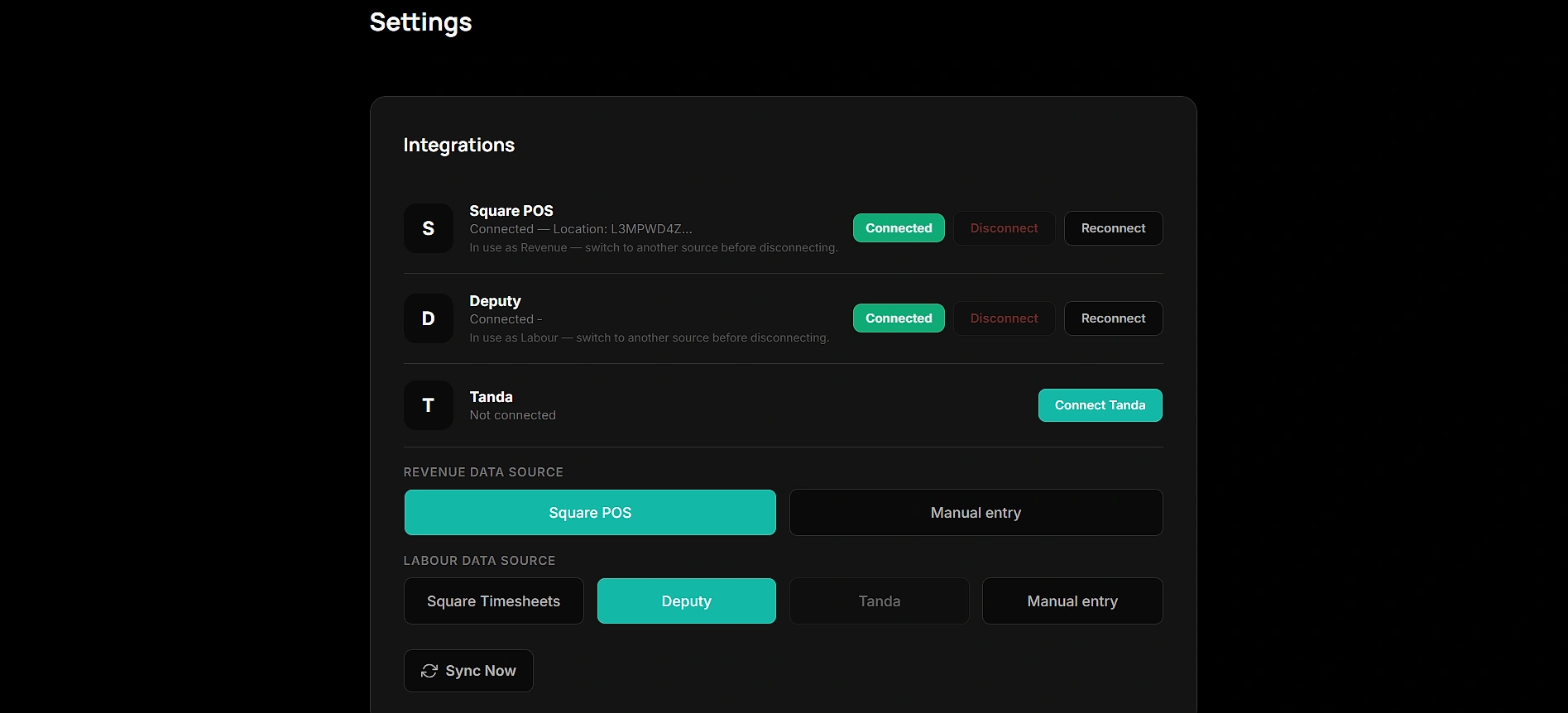 Dashy: the integrations, Square, Deputy and Tanda connected as data sources.